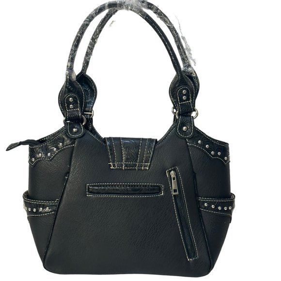 (8-209) Brand New w/Tag Black Leather-Like Western Shoulder Handbag - Picture 2 of 10